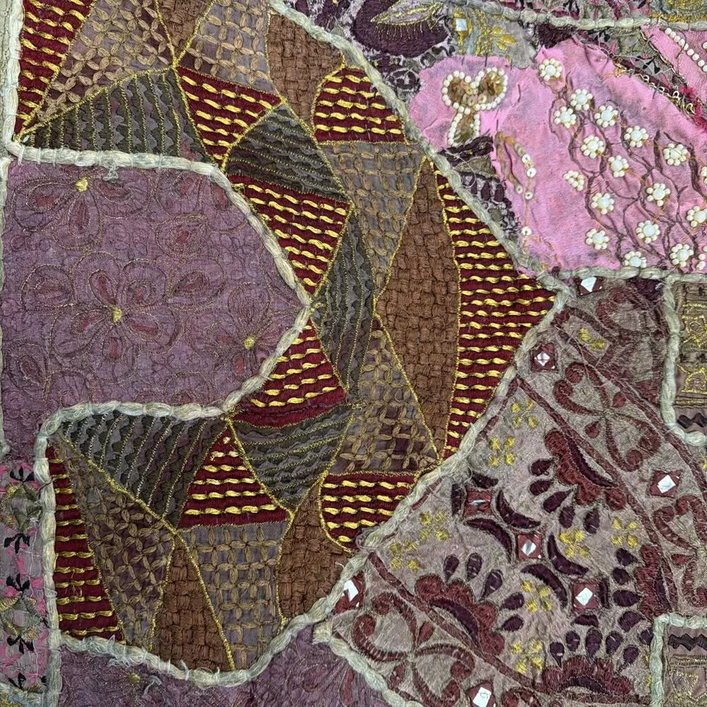 Vtg Indian Sari Patchwork Tapestry Wall Hanging Embroidered Zari Mirror 47x25